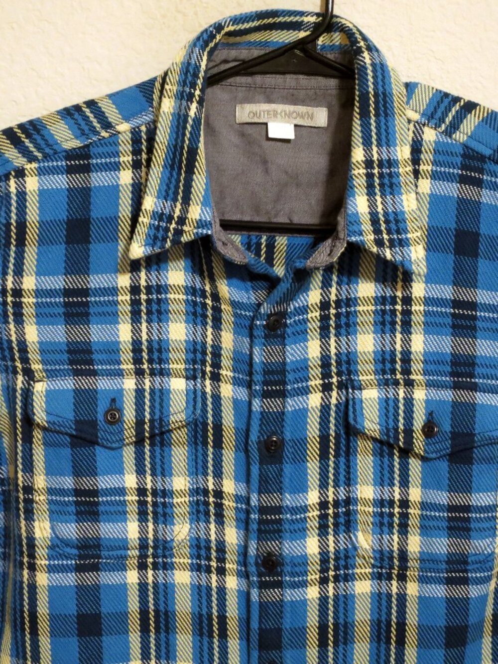Outerknown Blanket Shirt Mens Medium Long Sleeve Button Blue Yellow Plaid